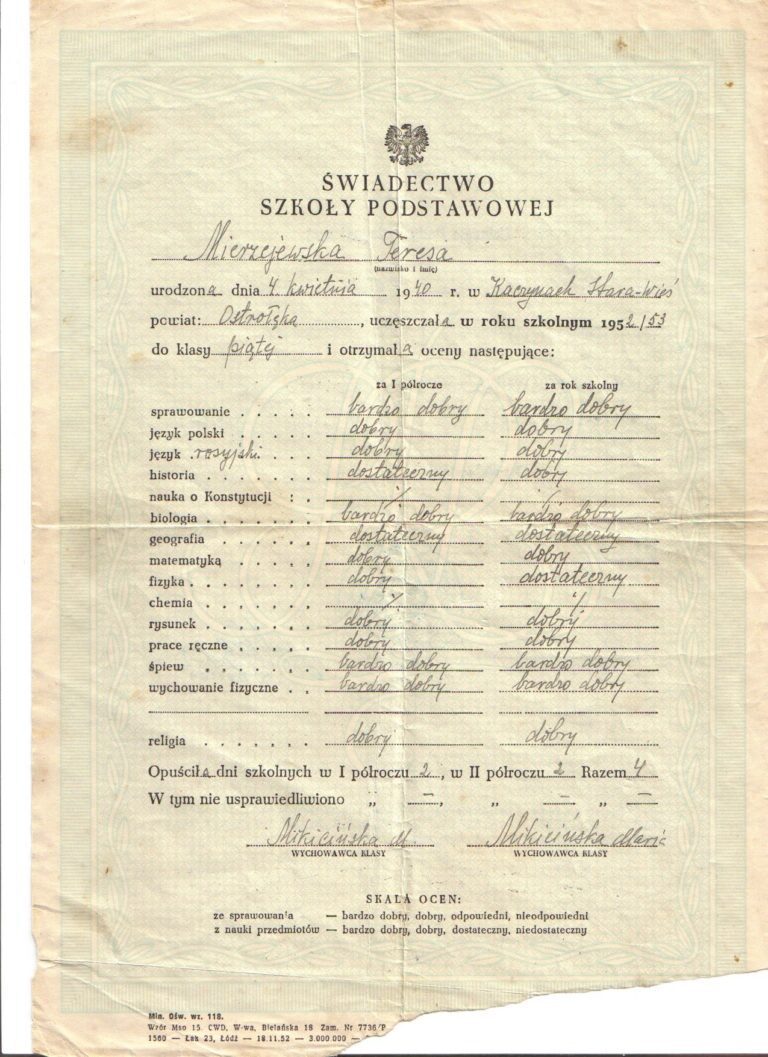 SZ3 w Ostrołęce świadectwo szkolne z 1952 roku