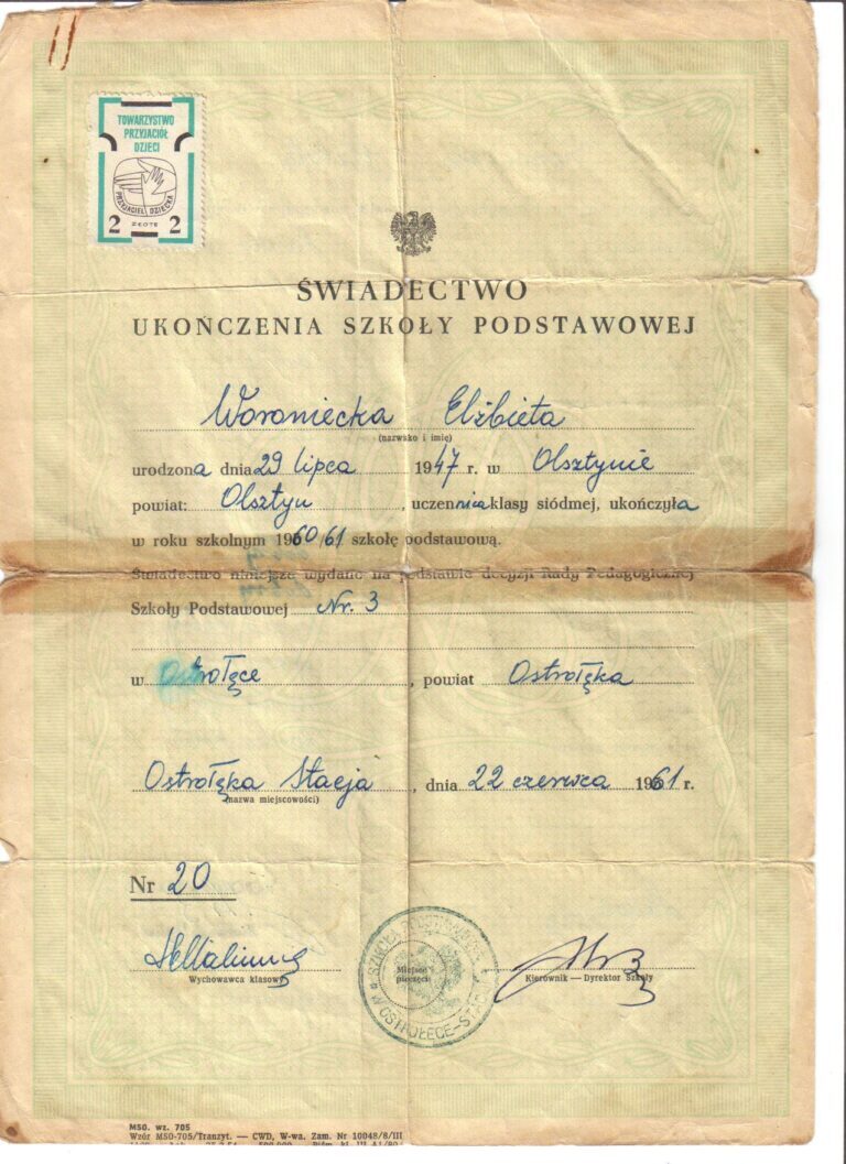 ZS3 w Ostrołęce świadectwo ukończenia szkoły 1961 rok